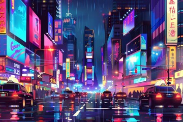 Wall Mural - A bustling city street comes alive at night, bathed in a kaleidoscope of colors from neon signs and warm streetlights. The vibrant atmosphere is electric and full of energy.