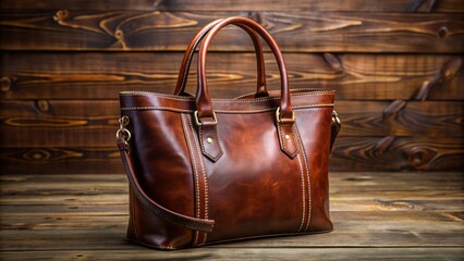 Wall Mural - Luxurious high-quality brown leather tote bag with intricate stitching and gold-tone hardware lying on a smooth wooden surface alone.