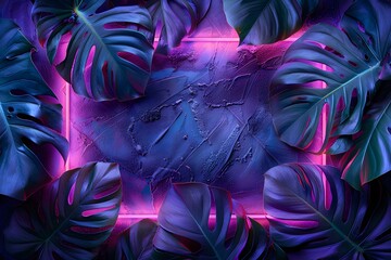 Wall Mural - Neon tropical monstera leaves frame with vibrant purple background. Modern and artistic botanical concept in stunning color.