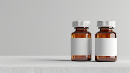 Minimalistic close-up of two prescription bottles with blank labels, placed on a sleek white table, illustration background