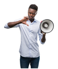 Canvas Print - Young african american man holding megaphone with angry face, negative sign showing dislike with thumbs down, rejection concept