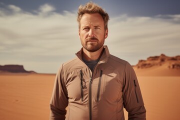 Wall Mural - Portrait of a jovial man in his 40s sporting a technical climbing shirt on serene dune landscape background