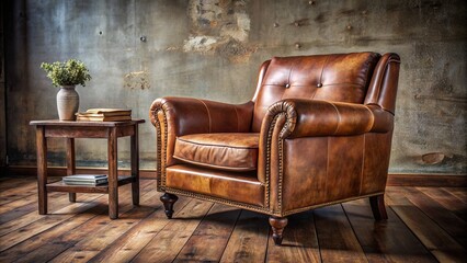 Wall Mural - Cozy, rustic armchair with worn leather upholstery and wooden legs situated beside a distressed wooden coffee table.