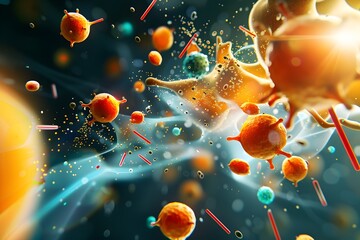 Wall Mural - Fortified White Cells Attacking Invading Bacteria in a Vibrant Microscopic Explosion