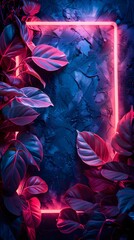 Wall Mural - Vibrant neon frame surrounded by lush red and purple leaves on a dark textured background. Perfect for modern, abstract, or futuristic design themes.