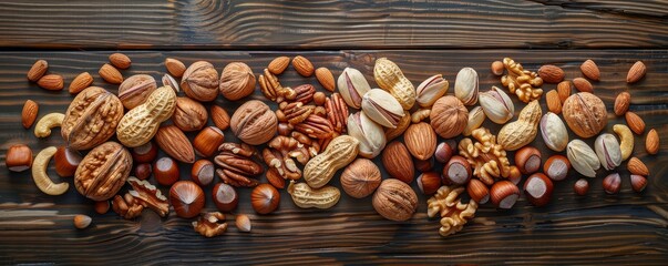 Wall Mural - Assortment of Nuts on Rustic Wooden Background - Top View