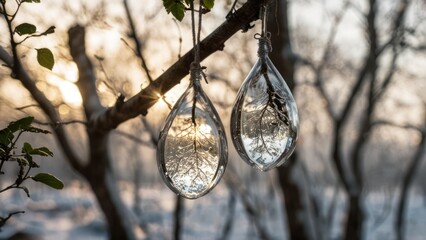  two pieces of glass hanging from a tree,