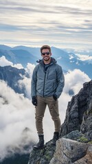 Confident male hiker standing atop a mountain, concept of adventure and exploration