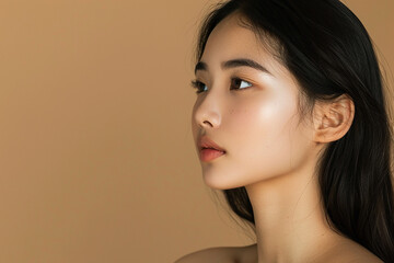 Wall Mural - Side profile of a young woman with flawless skin and natural makeup, set against a beige background, emphasizing beauty and elegance.