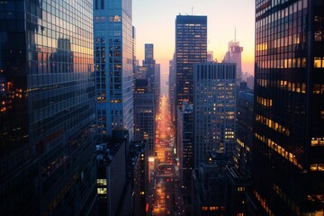 A bustling metropolis comes alive at sunset, with warm streetlights and office windows illuminating the glass facades of towering skyscrapers. The city's energy is palpable in this vibrant scene.