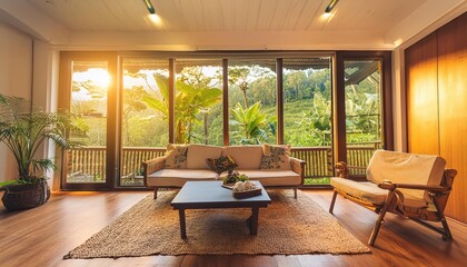 Wall Mural - Sunlight Filled Living Room with Tropical View