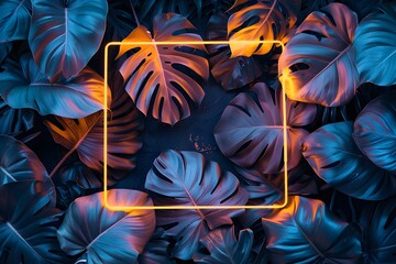 Vibrant tropical leaves illuminated by neon frame, creating a modern contrast of nature and technology in a captivating artistic composition.
