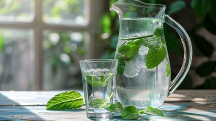 Poster - A tall glass of water next to a pitcher filled with water and mint leaves