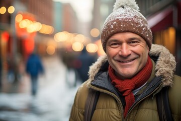 Wall Mural - Portrait of a smiling man in his 50s dressed in a warm ski hat isolated on vibrant market street background