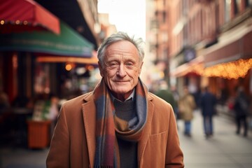 Canvas Print - Portrait of a content man in his 80s wearing a classic turtleneck sweater on vibrant market street background