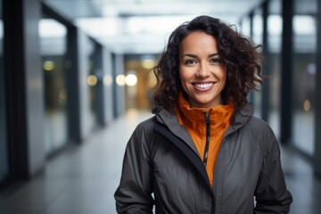 Wall Mural - Portrait of a joyful woman in her 30s donning a durable down jacket while standing against sophisticated corporate office background