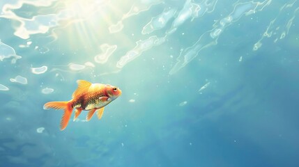 Isolated orange fish at blue sky, vibrant, clear, single, sunlight, floating.