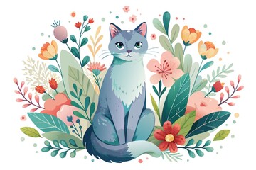 Wall Mural - whimsical, Whimsical watercolor painting of cat sitting on white background, surrounded by delicate flowers and leaves, creating soothing and peaceful atmosphere.