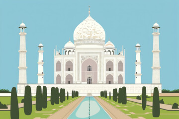 Risograph riso print travel poster, card, wallpaper or banner illustration, modern, isolated, clear and simple of Taj Mahal, Agra, India. Artistic, screen printing, stencil digital duplication