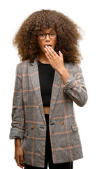 Poster - African american woman wearing a jacket cover mouth with hand shocked with shame for mistake, expression of fear, scared in silence, secret concept