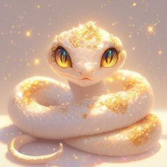 Poster - 2025 3D A snake with gold and blue eyes is sitting on a table. The snake is surrounded by glitter, giving it a shiny and magical appearance