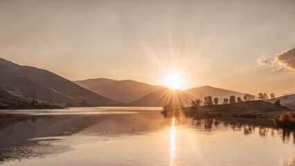 Wall Mural -  the sun shines on a lake and orange hills,