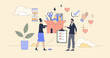 © VectorMine - Volunteering campaign and stationary support tiny person neubrutalism concept. School materials and study supplies donation from charity organization vector illustration. Humanitarian help activity.