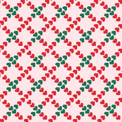 Wall Mural - Heart ribbon repeat pattern isolated on background.Seamless pattern with red and green hearts.Graphic vector illustration.