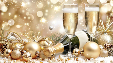 Wall Mural - Merry Christmas and Happy New Year festive background with champagne and glass