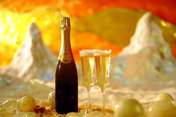 Wall Mural - Merry Christmas and Happy New Year festive background with champagne and glass