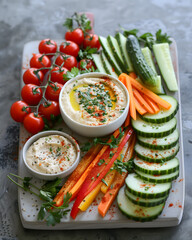 Poster - Colorful Hummus Platter with Fresh Veggies Ideal for Healthy Eating