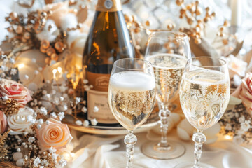Wall Mural - merry christmas and happy new year festive background with champagne and glass