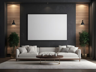 Wall Mural - large white empty screen in a living room interior on an empty dark wall background,3D rendering design