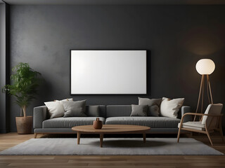 Wall Mural - large white empty screen in a living room interior on an empty dark wall background,3D rendering design