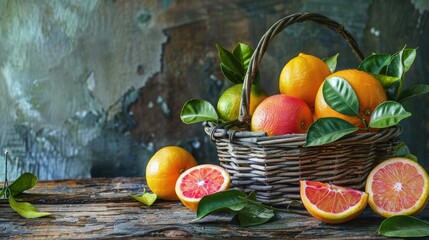 Wall Mural - A basket of oranges and grapefruit on a wooden table. The basket is full of oranges and grapefruit, with some of the fruit already cut open