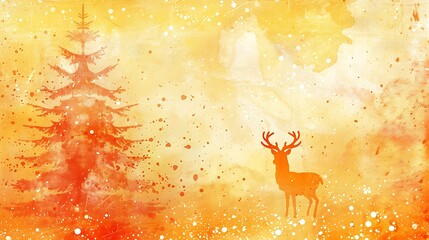 Elegant Christmas scene on a yellow-orange background with distressed vintage texture and watercolor stains, simple and vibrant, primary colors