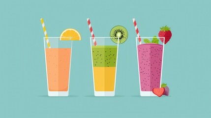 vector illustration of colorful smoothies in glasses with straws and fruit garnishes against a teal 