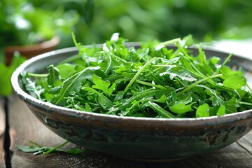Wall Mural - A bowl of green salad with a few leaves of parsley. The bowl is on a wooden table
