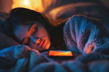 Woman Sleeping With Phone In Bed.