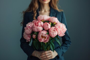 Canvas Print - Woman Holding Pink Peonies