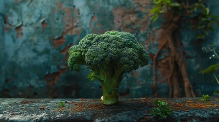 Wall Mural - A large green broccoli plant is sitting on a stone ledge. The plant is surrounded by green leaves and stems, and it is thriving in its environment. Concept of growth and vitality