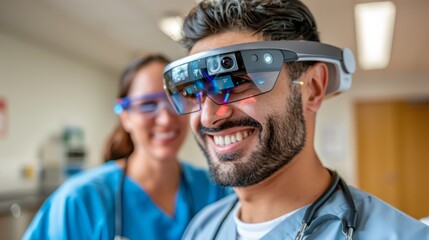 Sticker - a futuristic medical consultation with a doctor using augmented reality glasses to diagnose a patient, advanced technology integrated into the examination room, offering ample copy space for text