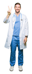 Sticker - Handsome doctor man wearing medical uniform over isolated background showing and pointing up with fingers number two while smiling confident and happy.