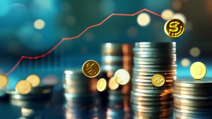Poster - Stacks of coins with stock market graph overlay in a vibrant and blurred background. Financial growth and investment concept. Ideal for economic analysis and trading content
