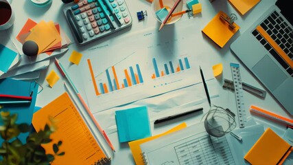Aufkleber - Top view of a cluttered office desk with financial charts, calculator, and colorful stationery. Vibrant workspace full of productivity tools. Ideal for business planning and creative work environment 