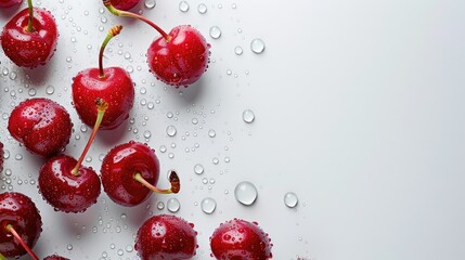 Canvas Print - Ripe cherries with water drops on white background fruit frame Macro shot with copy space