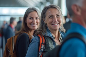 Two women with backpacks smile while waiting in line at an airport terminal.