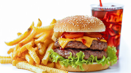 Indulge in a classic and satisfying meal with a juicy double cheeseburger, crispy french fries, and a refreshing soda