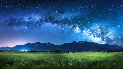Stunning night sky filled with stars and the Milky Way over a serene landscape, captured with long exposure.