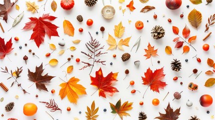 Poster - Autumn themed flat lay with seasonal elements on white background